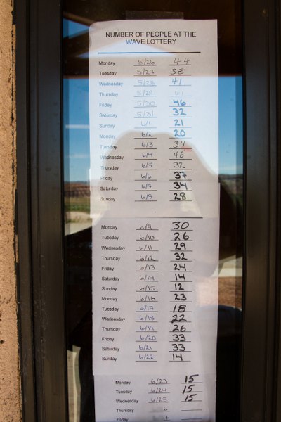 Anzahl der Interessenten für die Wanderung zur Wave. Gestern 15 Interessenten für 10 Permits. Gute Chancen zu gewinnen.